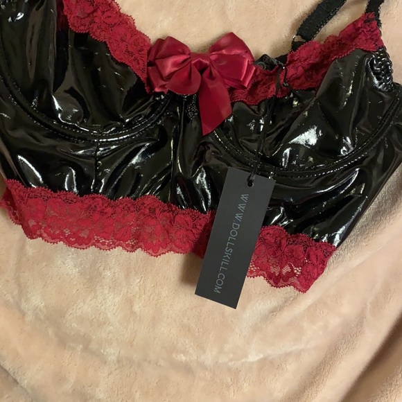 BRAND NEW DOLLSKILL SEXY FAUX LEATHER BRALETTE WITH CROSS ACCENT AND LACE DETAIL - Picture 2 of 5